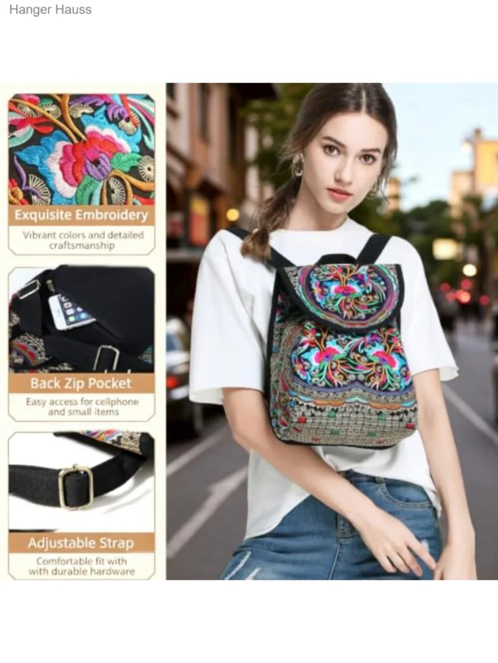Embroidered Boho Backpack Purse for Women - Canvas Daypack Travel